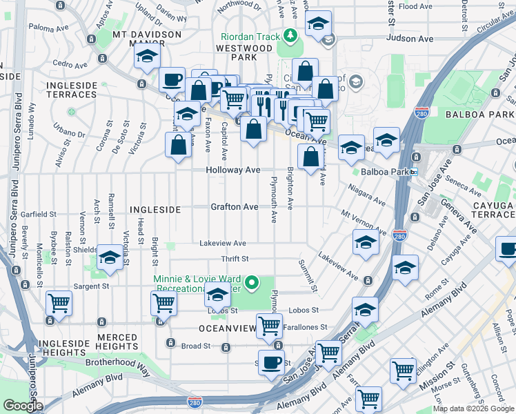 map of restaurants, bars, coffee shops, grocery stores, and more near Grafton Avenue & Granada Avenue in San Francisco