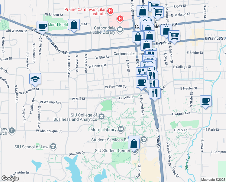 map of restaurants, bars, coffee shops, grocery stores, and more near 600 West Mill Street in Carbondale
