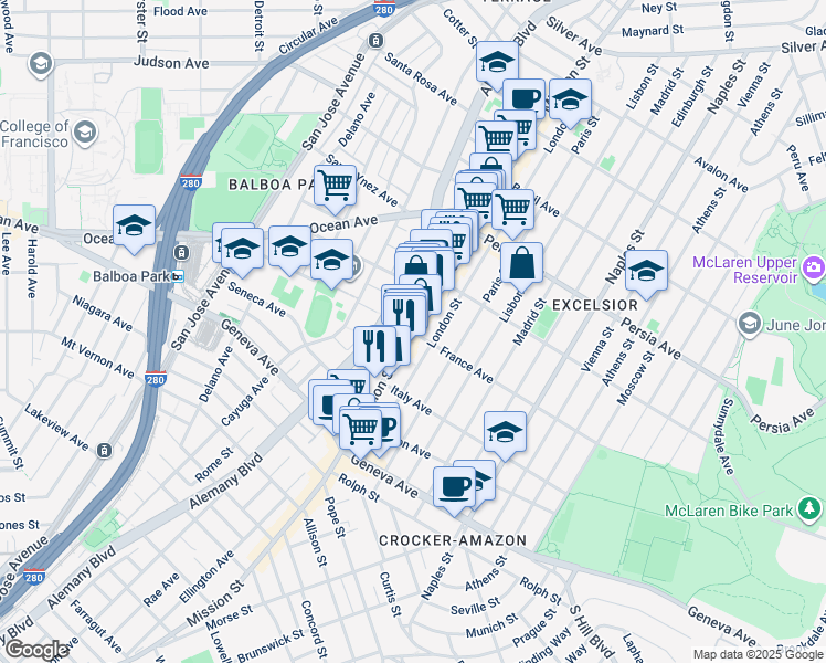 map of restaurants, bars, coffee shops, grocery stores, and more near 4480-4482 Mission Street in San Francisco