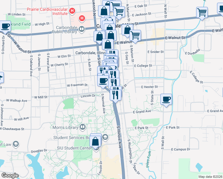 map of restaurants, bars, coffee shops, grocery stores, and more near 718 South Illinois Avenue in Carbondale