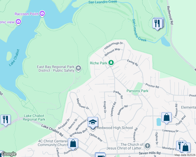 map of restaurants, bars, coffee shops, grocery stores, and more near 16994 Brierly Court in Castro Valley