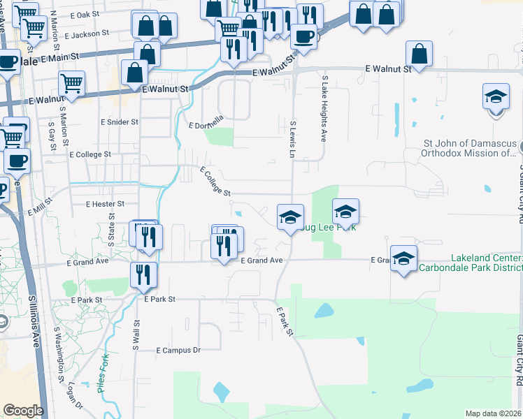 map of restaurants, bars, coffee shops, grocery stores, and more near 700 South Lewis Lane in Carbondale