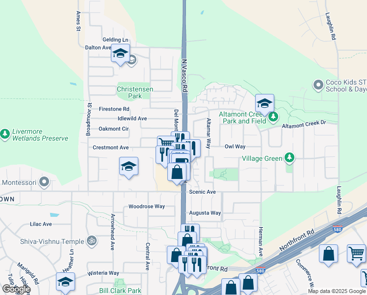 map of restaurants, bars, coffee shops, grocery stores, and more near North Vasco Road in Livermore