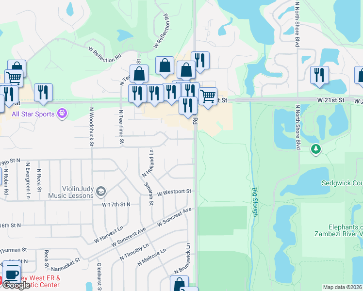 map of restaurants, bars, coffee shops, grocery stores, and more near W Barrington St in Wichita