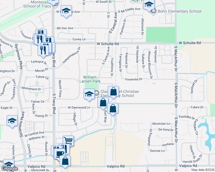 map of restaurants, bars, coffee shops, grocery stores, and more near 71 Charles Street in Tracy
