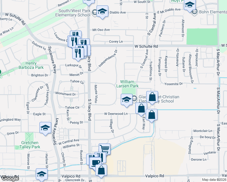 map of restaurants, bars, coffee shops, grocery stores, and more near 1325 Cerro Verde Way in Tracy