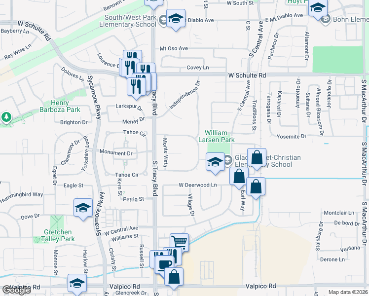 map of restaurants, bars, coffee shops, grocery stores, and more near 480 Buena Tierra Drive in Tracy