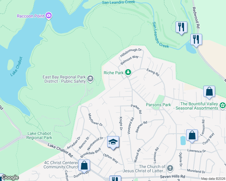 map of restaurants, bars, coffee shops, grocery stores, and more near 16994 Brierly Court in Castro Valley
