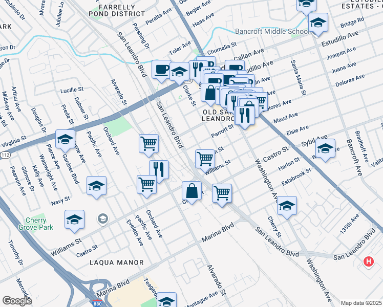 map of restaurants, bars, coffee shops, grocery stores, and more near 568 Parrott Street in San Leandro