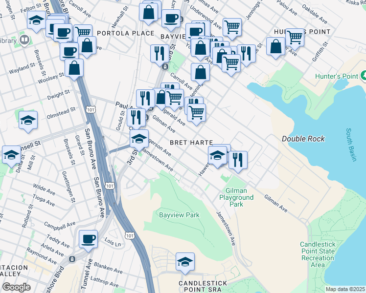map of restaurants, bars, coffee shops, grocery stores, and more near 1225 Gilman Avenue in San Francisco