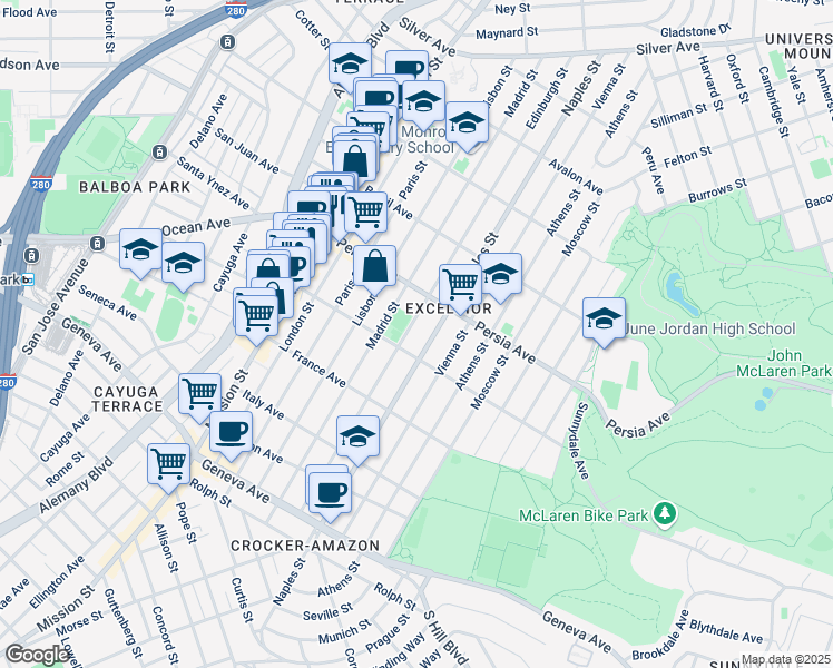 map of restaurants, bars, coffee shops, grocery stores, and more near 579 Madrid Street in San Francisco