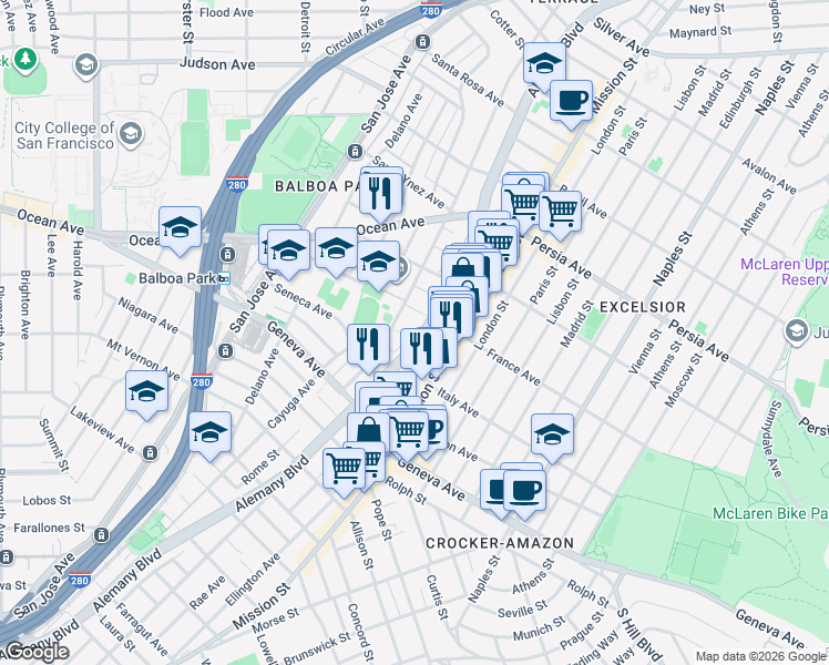 map of restaurants, bars, coffee shops, grocery stores, and more near 1115 Cayuga Avenue in San Francisco