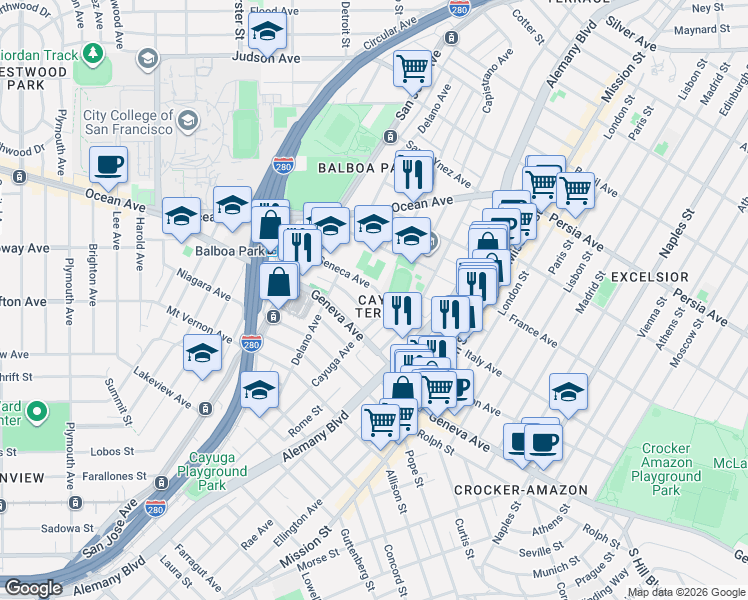 map of restaurants, bars, coffee shops, grocery stores, and more near 301 De Montfort Avenue in San Francisco