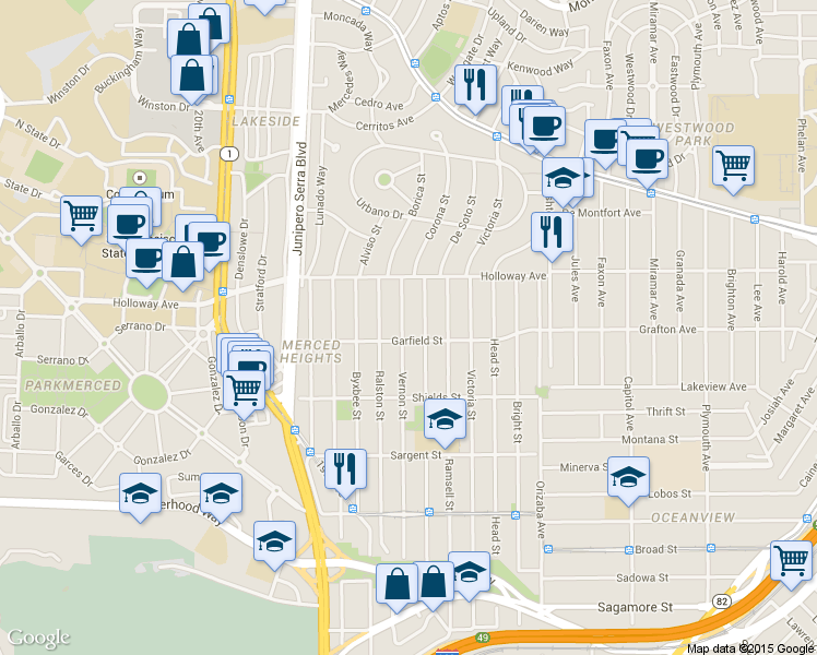 map of restaurants, bars, coffee shops, grocery stores, and more near 545 Arch Street in San Francisco