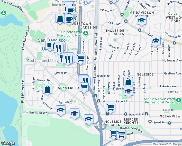 map of restaurants, bars, coffee shops, grocery stores, and more near 257 Stratford Drive in San Francisco