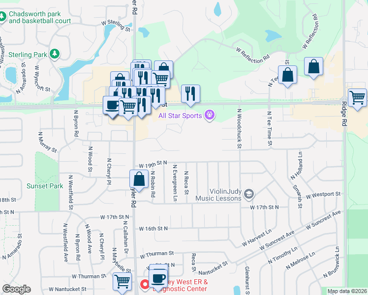 map of restaurants, bars, coffee shops, grocery stores, and more near 8502 W Westlawn Cir in Wichita