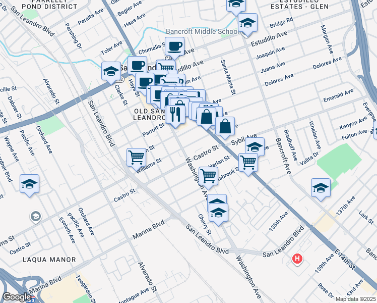 map of restaurants, bars, coffee shops, grocery stores, and more near 1812 Washington Avenue in San Leandro