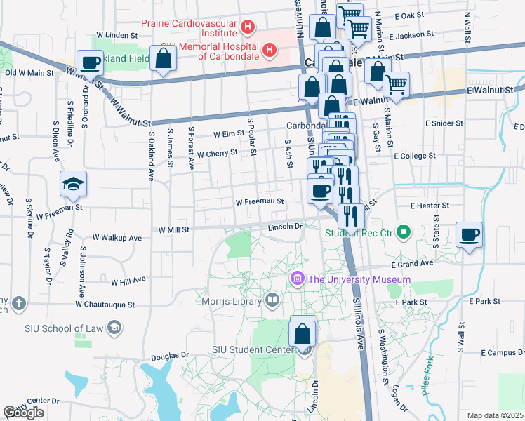 map of restaurants, bars, coffee shops, grocery stores, and more near 700 South Poplar Street in Carbondale