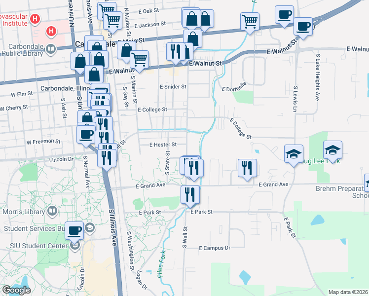 map of restaurants, bars, coffee shops, grocery stores, and more near in Carbondale