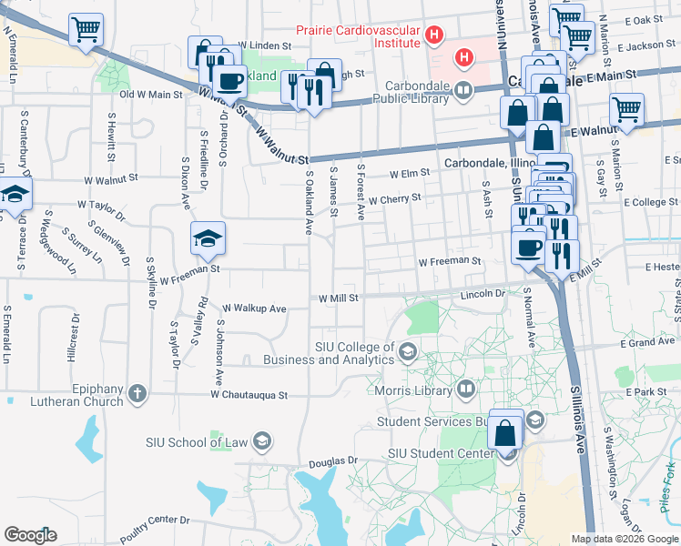 map of restaurants, bars, coffee shops, grocery stores, and more near 906 West Freeman Street in Carbondale