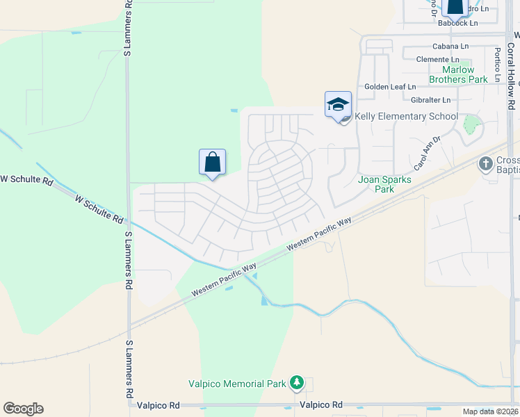 map of restaurants, bars, coffee shops, grocery stores, and more near 2836 Daisy Lane in Tracy
