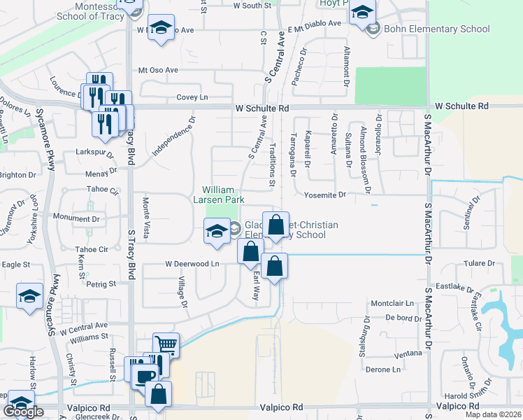 map of restaurants, bars, coffee shops, grocery stores, and more near 71 Charles Street in Tracy