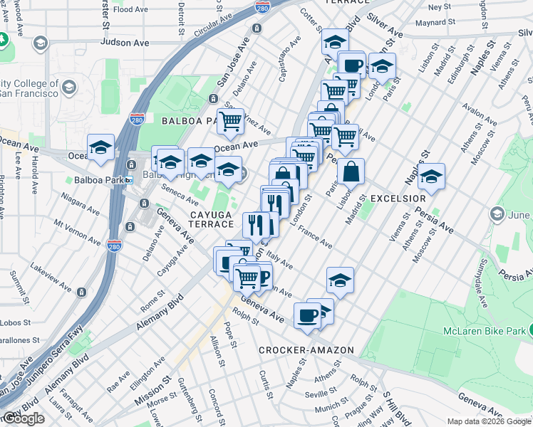 map of restaurants, bars, coffee shops, grocery stores, and more near 1995 Alemany Boulevard in San Francisco