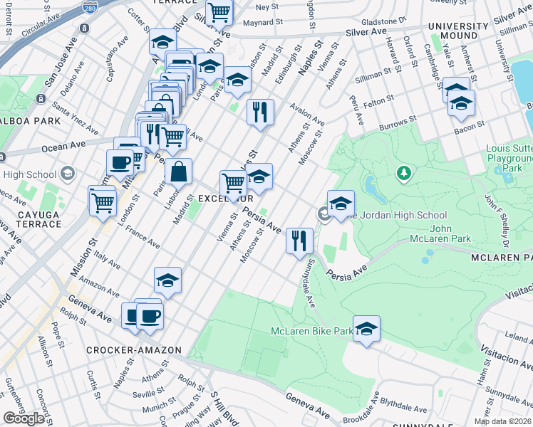 map of restaurants, bars, coffee shops, grocery stores, and more near 455 Athens Street in San Francisco