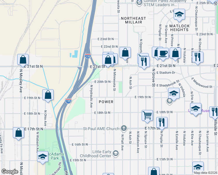 map of restaurants, bars, coffee shops, grocery stores, and more near 2047 North Minnesota Street in Wichita