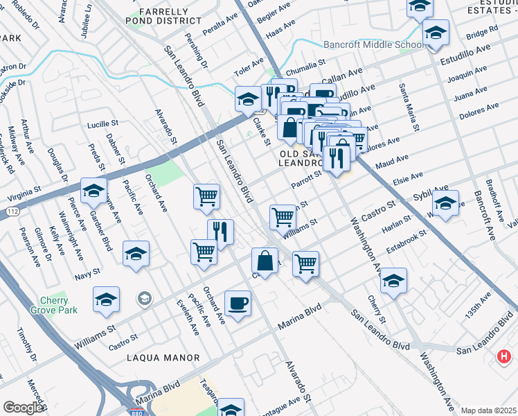 map of restaurants, bars, coffee shops, grocery stores, and more near 1604 San Leandro Boulevard in San Leandro