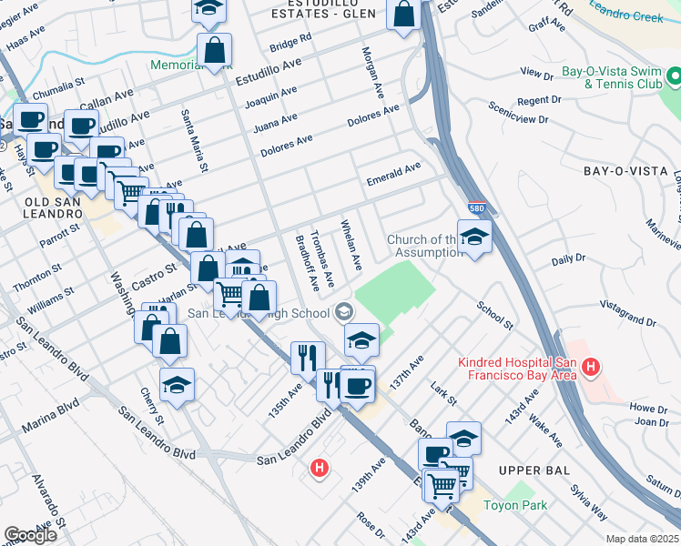 map of restaurants, bars, coffee shops, grocery stores, and more near 2117 Thomas Avenue in San Leandro
