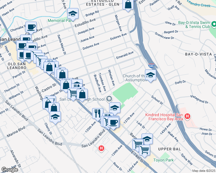 map of restaurants, bars, coffee shops, grocery stores, and more near 2117 Thomas Avenue in San Leandro