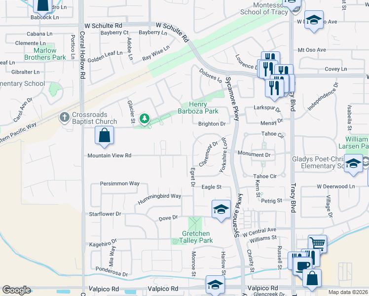 map of restaurants, bars, coffee shops, grocery stores, and more near 25998 Trisler Court in Tracy