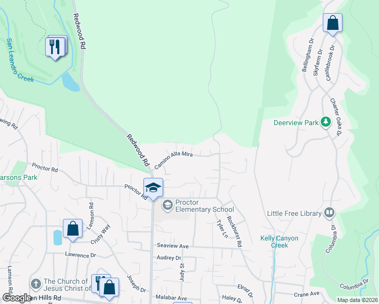 map of restaurants, bars, coffee shops, grocery stores, and more near 5282 Camino Alta Mira in Castro Valley