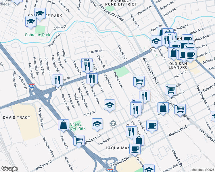map of restaurants, bars, coffee shops, grocery stores, and more near 1350 Pacific Avenue in San Leandro