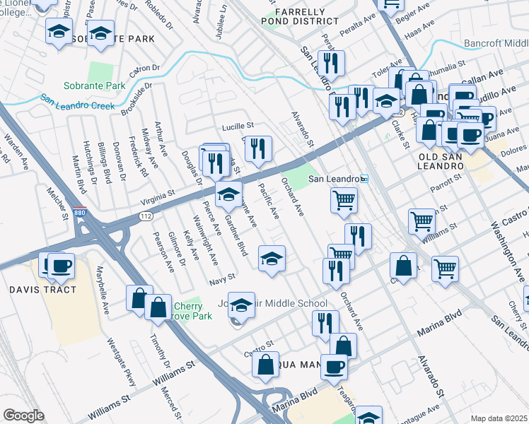 map of restaurants, bars, coffee shops, grocery stores, and more near 1332 Wayne Avenue in San Leandro