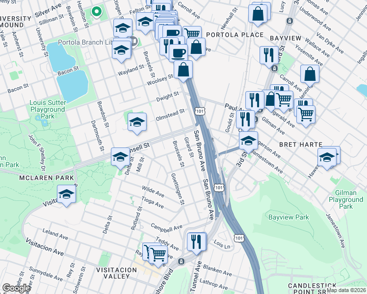 map of restaurants, bars, coffee shops, grocery stores, and more near 985 Girard Street in San Francisco