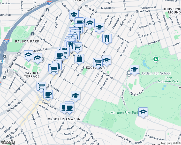 map of restaurants, bars, coffee shops, grocery stores, and more near 515 Naples Street in San Francisco