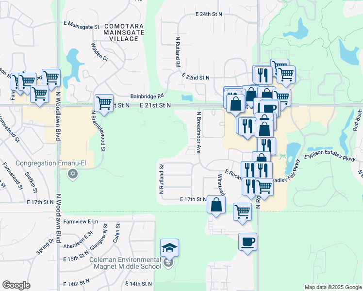 map of restaurants, bars, coffee shops, grocery stores, and more near 2025 North Broadmoor Avenue in Wichita