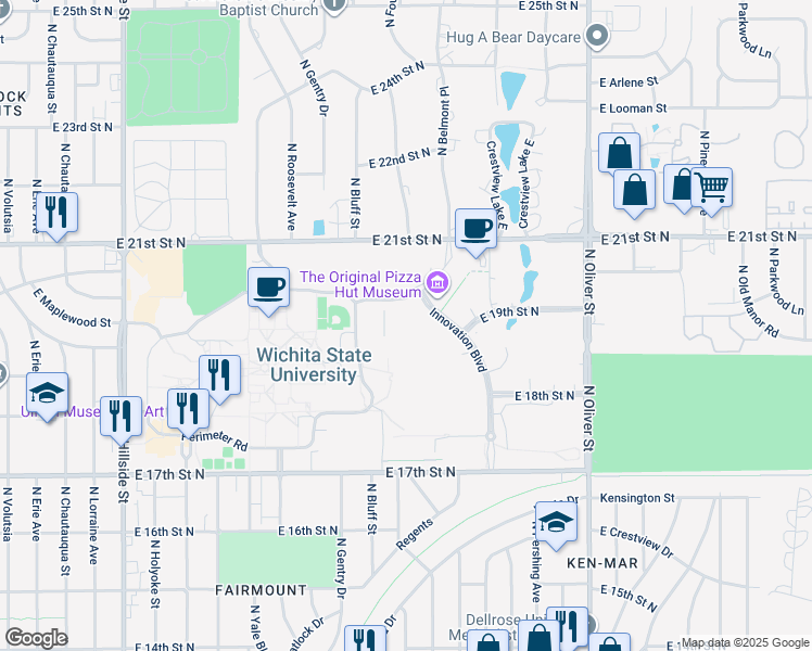 map of restaurants, bars, coffee shops, grocery stores, and more near Mike Oatman Drive in Wichita