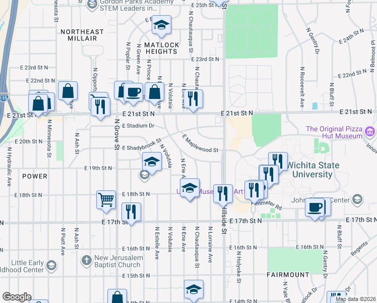 map of restaurants, bars, coffee shops, grocery stores, and more near 2929 East Maplewood Street in Wichita
