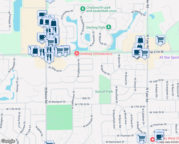 map of restaurants, bars, coffee shops, grocery stores, and more near 9710 West Westlawn Street in Wichita