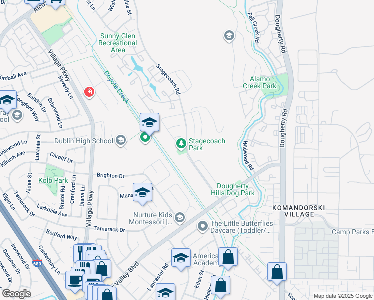 map of restaurants, bars, coffee shops, grocery stores, and more near 7550 Stagecoach Road in Dublin