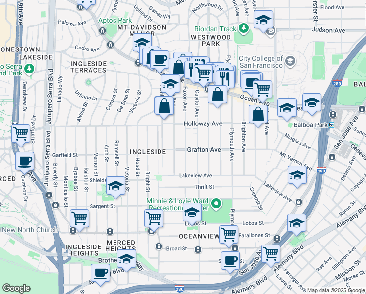 map of restaurants, bars, coffee shops, grocery stores, and more near 322 Faxon Avenue in San Francisco