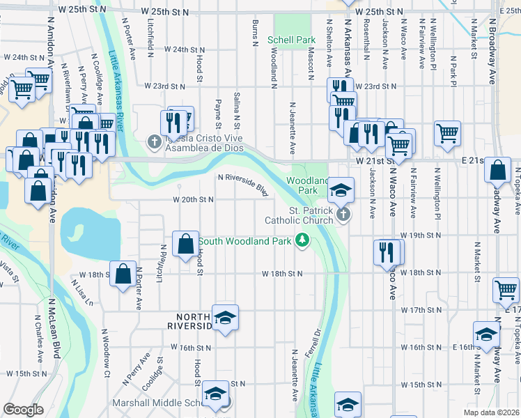map of restaurants, bars, coffee shops, grocery stores, and more near 2051 Woodland North in Wichita