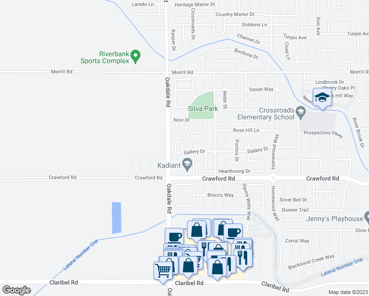map of restaurants, bars, coffee shops, grocery stores, and more near 5612 Cornerstone Drive in Riverbank
