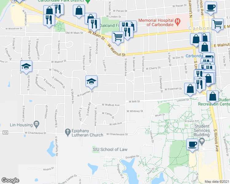 map of restaurants, bars, coffee shops, grocery stores, and more near 1213 West Freeman Street in Carbondale