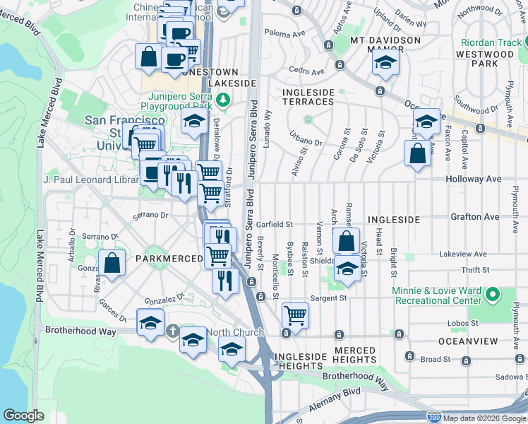 map of restaurants, bars, coffee shops, grocery stores, and more near 230 Beverly Street in San Francisco