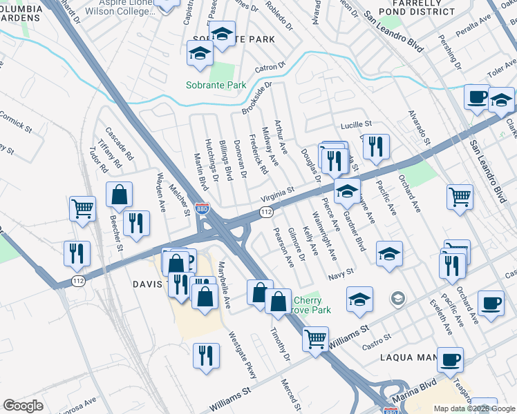 map of restaurants, bars, coffee shops, grocery stores, and more near 1655 Virginia Street in San Leandro