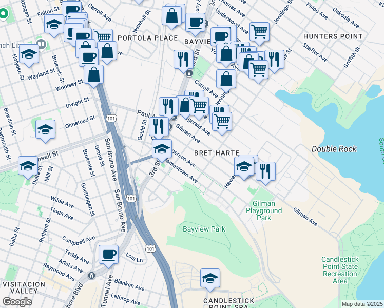 map of restaurants, bars, coffee shops, grocery stores, and more near 1173 Hollister Avenue in San Francisco